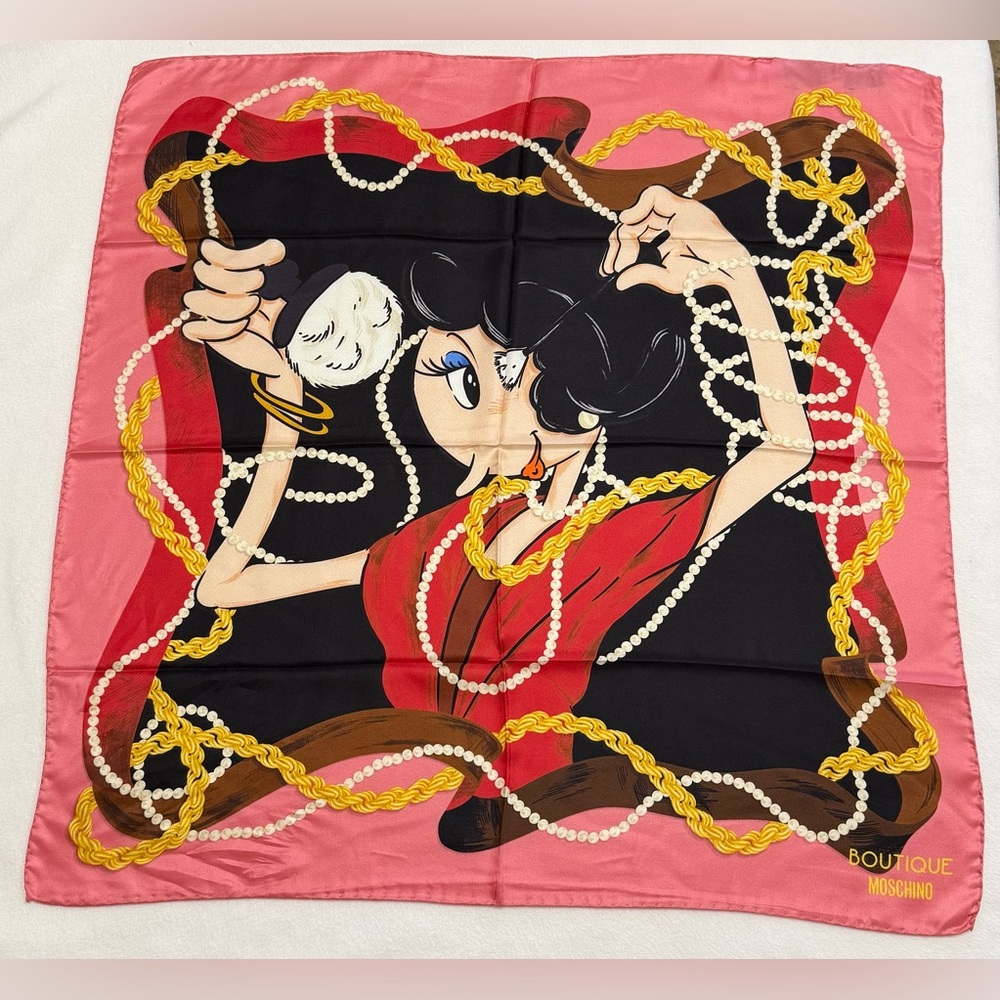 BOUTIQUE MOSCHINO OLIVE OYL Getting Ready for A Party Silk Scarf - NWT